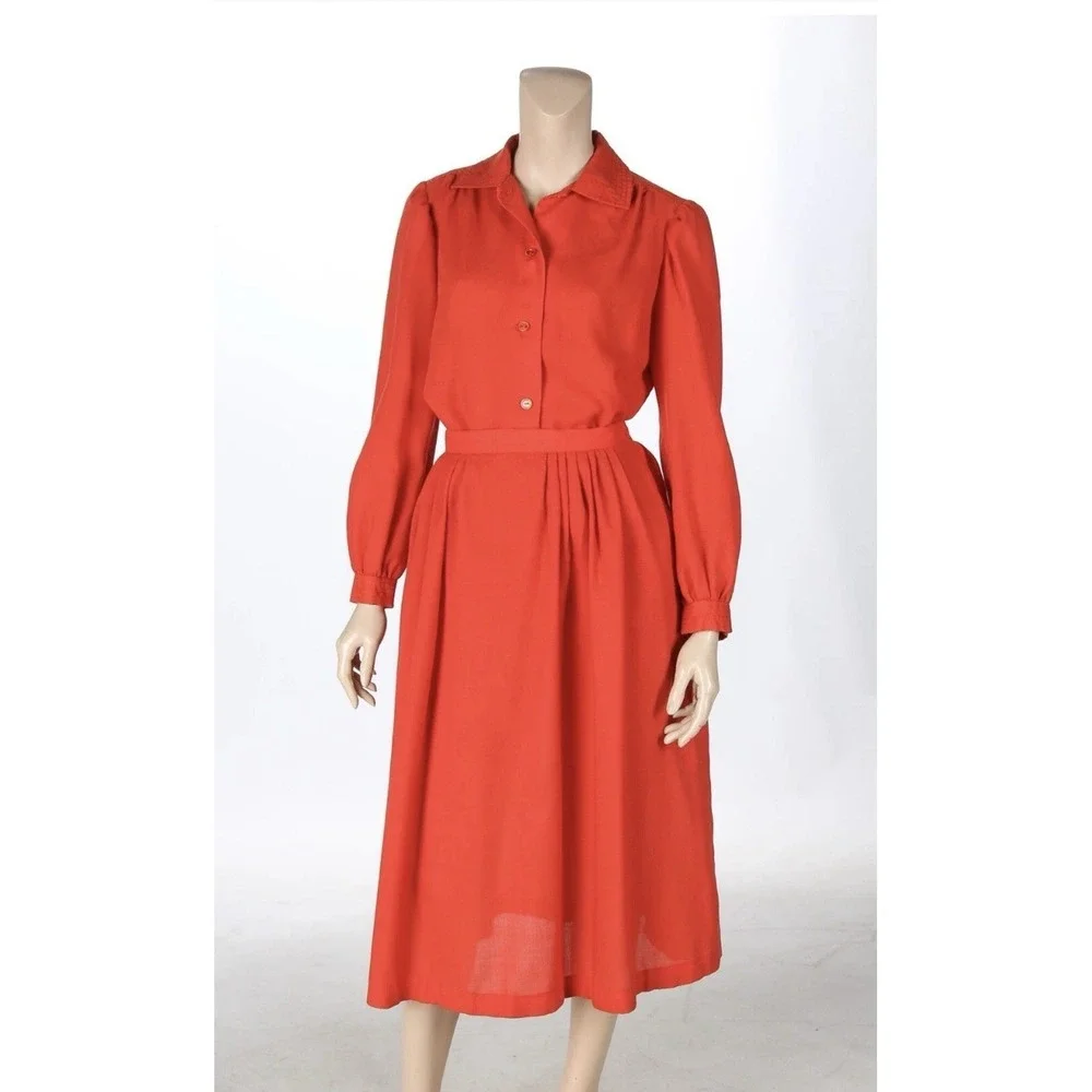 Folio By Fire Islander Vintage 60-70s Orange Collared Skirt‎ & Blouse Set Sz 12